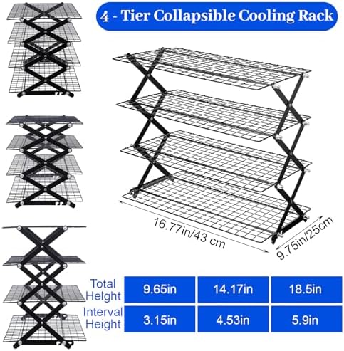 Sibba 4 Tier Collapsibl Cooling Rack, Adjustable 4 Setting Design Stainless Steel Baking Rack Stackable Roasting Cooking Drying Wire Cooling Racks for Cookies Baking Gifts for Women, Black
