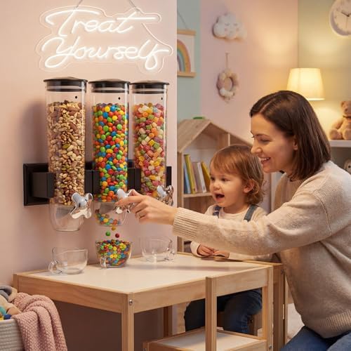 Lounsweer 6 Pcs Wall Candy Dispenser with 1pcs Treat Yourself Neon Signs 9 L Machine Grain Dispenser Neon Snack Sign Wall Mount for Home Kitchen Food Store Birthday Gift Party Decor