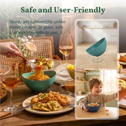 Homienly Wheat Straw Bowls 26 OZ Oval Serving Bowls 6 PCS Unbreakable Plastic Cereal Bowls for Kitchen, Party, Camping, Dorm, RV Bowl Set for Soup, Salad, Snack, Microwave and Dishwasher Safe (Multi)