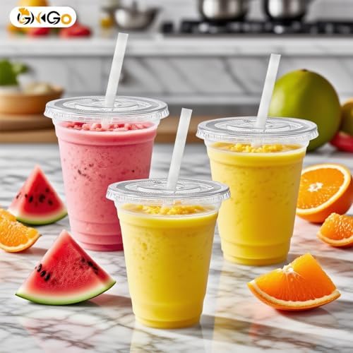 Ginkgo 100 Pack 12 oz Plastic Iced Coffee Cups with Lids and Straws