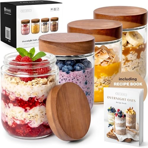 EDELHAUS Overnight Oats Containers with Lids - Glass Mason Jars, Meal Prep