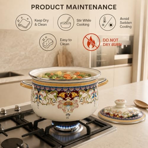 2.5 Qt Enamel Stock Pot with Lid, Floral Soup Pots for Cooking
