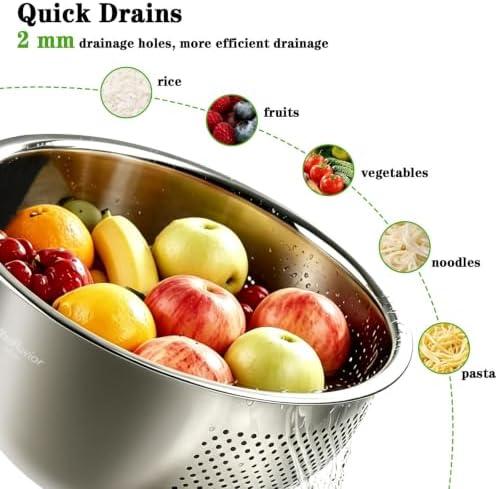 Rice Washer Strainer Bowl, 4 QT Stainless Steel Colander with Side Drainer