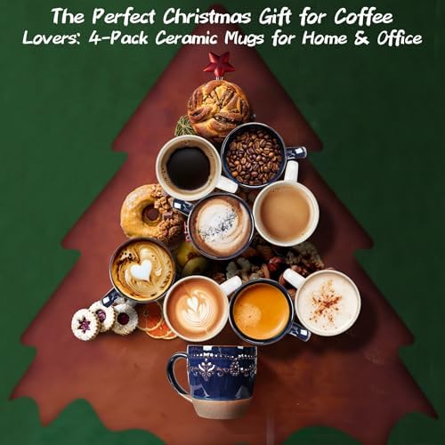 Artena Ceramic Coffee Mugs Set of 4, 16oz Embossed Large Latte Mugs Coffee Cups with Handle for Tea, Latte, Cappuccino & Cocoa, Milk Dishwasher & Microwave Safe, Blue (Multiple Patterns)