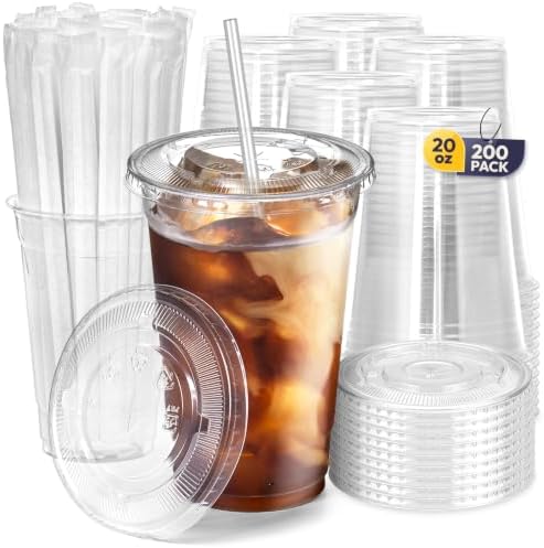 Fit Meal Prep 200 Pack 20 oz Plastic Iced Coffee Cups with Flat Lids and Clear Straws, Disposable Clear Cup, BPA Free Cup for Party, Smoothie, Cold Drinks, Juice, Milkshake, Bubble Boba, Tea