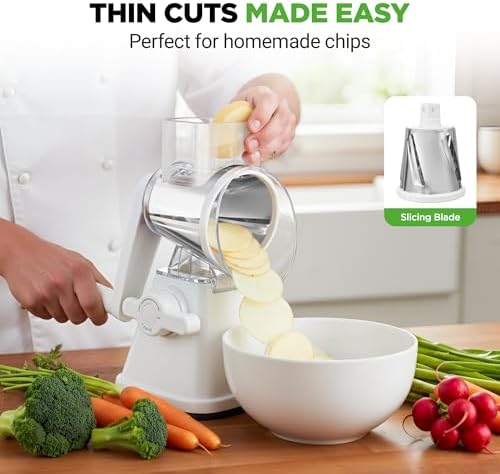 NutriChef 3 in 1 Cheese Grater & Shredder | Strong Suction Base, Rotary Handle with Safety Lock | Includes Hand Crank & 3 Drum Blades for 3 Textures, Fine, Medium & Strips | White