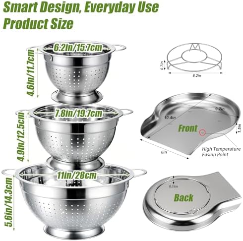Palksky Stainless Steel Colander Set with Handles & Self-Draining Base, 3 Sizes (7”, 9”, 11”), Heavy Duty Pasta Strainer, Rice & Vegetable Strainer, Countertop Draining System