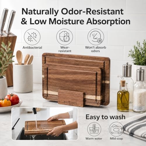 Acacia Wood Cutting Boards for Kitchen, Non-Toxic Cutting Board Set of 2, Chopping Boards with Deep Juice Groove for Meat, Cheese & Vegetables - Eco-Friendly & Medium & Small Sizes