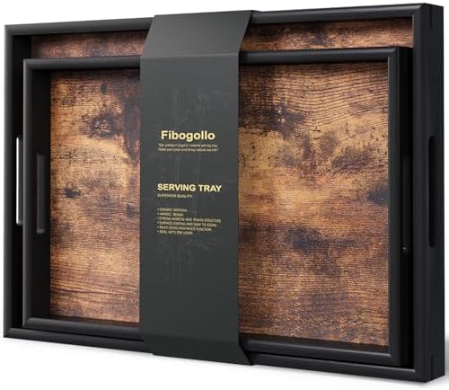 Fibogollo Set of 2 Wooden Serving Trays with Handles for Coffee Table
