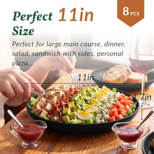 Homienly Wheat Straw Plates Set - 11 inch Reusable Large Dinner Plates Set of 8, Lightweight Unbreakable Salad Plates, Microwave and Dishwasher Safe Plates, Deep Plates for Dinner, Camping - Black