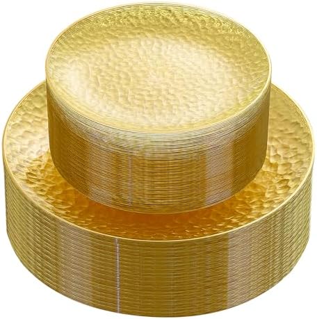 Rubtlamp 60Pcs Yellow Gold Plastic Plates, Yellow Disposable Plates With Gold Rim, Clear Heavy-duty Party Supplies, Hammered Plastic Plates Include 30 Dessert Platos, 30 Dinner Platos for Party