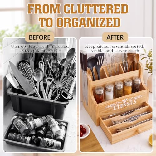 Wooden Kitchen Utensil Holder with Magnetic Knife Block, Natural