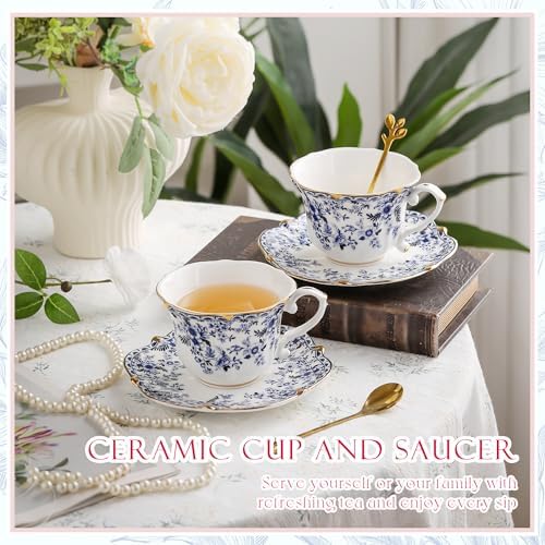 TATSUMI Country Roses 18 Peices Bone China Tea Cup And Saucer Set, English Vintage Tea Cups Of 6 For Women And Tea Party Sets（QH,6 SETS）