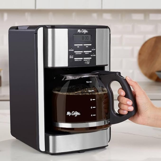 Mr. Coffee 12-Cup Programmable Coffee Maker Black/Stainless Steel: Drip, Automatic Shut-Off, Dishwasher-Safe Parts
