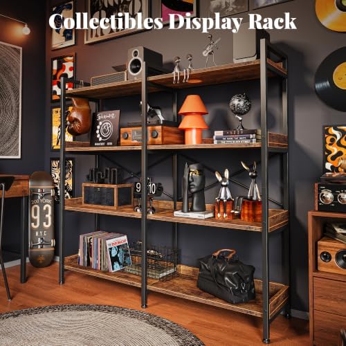 Huuger 4 Tier Bookshelf with 8 Open Shelves and Raised Baffle, Rustic Brown