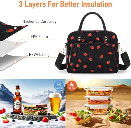 Lunch Bag Large Insulated Lunch Box for Women Adult Cute Pink Strawberry Lunchbox Corduroy Lunch Bags Boxes Pail with Shoulder Strap for Work (Black strawberry)