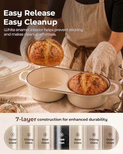 Mini Double Dutch Oven for Sourdough, Enameled Cast Iron Bread Pan, White