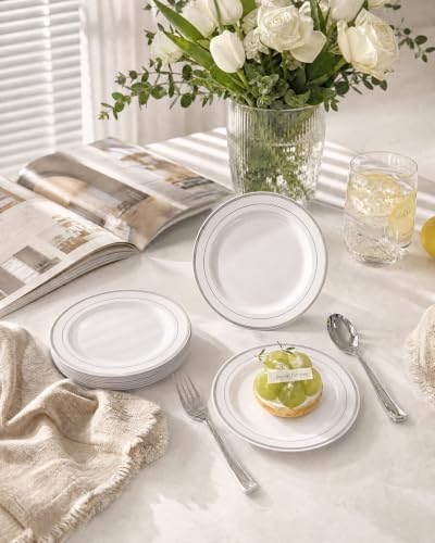 bUCLA 100Pieces Silver Rim Plastic Plates - 7.5inch Silver Salad/Dessert Plates Disposable - Ideal for Weddings, Parties & Christmas