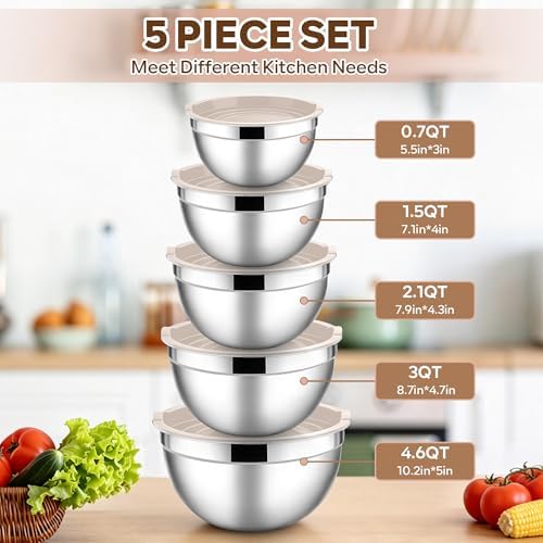 E-far Mixing Bowls with Lids Set, Stainless Steel Cooking Salad Bowl, Khaki