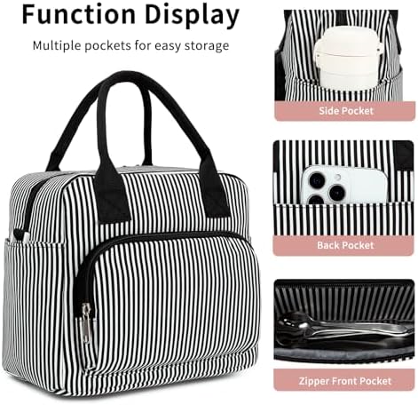 Lunch Bag Women Lunch Box for Women Adult Cute Insulated Lunch Bag Lager Cooler Lunch Tote Bags for Work Picnic (Black Stripes)