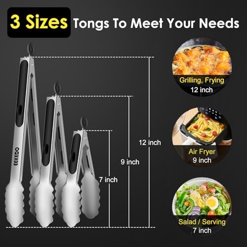 Metal Tongs for Cooking, Heat Resistant 600 Degrees - 7", 9" and 12"