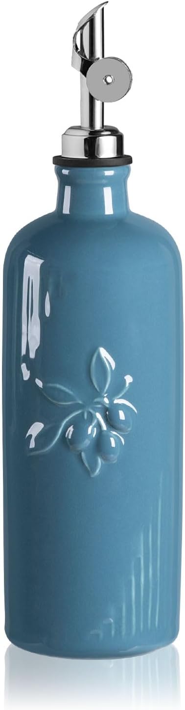 Sweejar Ceramic Olive Oil Dispenser Bottle for Kitchen Counter, 20 oz Oil Dispenser with Spout, Avocado Oil Cruet for EVOO, Vinegar, Oil Container for Cooking, Pack of 1 (Fog Blue)