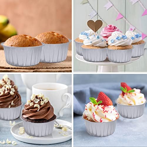 100Pcs Aluminum Cups with Lids,5oz Disposable Ramekin Baking Cups Muffin Liners Mini Pie Pans Foil Cupcake Containers for Christmas Party Wedding,Silver