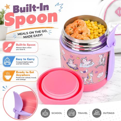 10oz Soup Thermo for Hot Food Kids,Lunch Thermo Kids Food Jar with Spoon Hot Insulated Food Containers,Leak Proof Stainless Steel Wide Mouth Lunch Thermo Jar for School(Pink-Unique Horse)