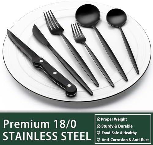 EWFEN 24-Piece Black Silverware Set with Steak Knives, Black Flatware Set for 4, Food-Grade Stainless Steel Tableware Cutlery Set, Mirror Finished Utensil Sets for Home Restaurant, Long Edge