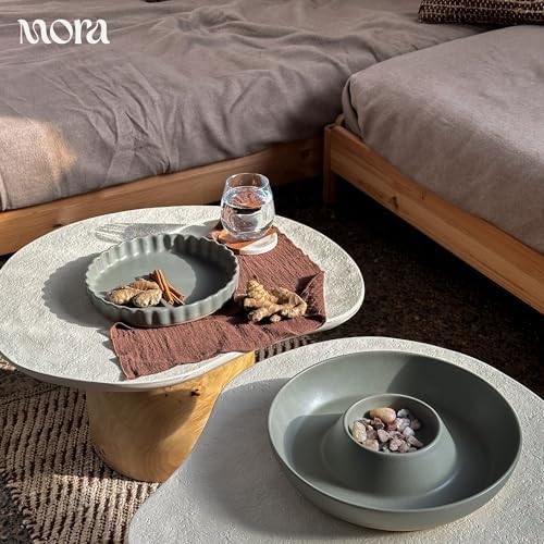 MORA Ceramic Tart Pan, 9.5 Inch Large Porcelain Baking Dish for Tarts, Quiche, Pie, Flan etc. Fluted Ruffled Edge, Oven, Microwave, Freezer, and Dishwasher safe - Great Gift For Bakers - Peppercorn