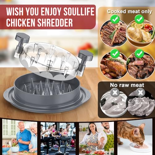 SoulLife Chicken Shredder 8 Inches, Chicken Breast Shredder, Meat Shredder, Chicken Shredder Tool Twist, Clear Lid, Ergonomic Handle, Strong Anti-slip, Easy To Clean, BPA free, Dishwasher safe (Grey)