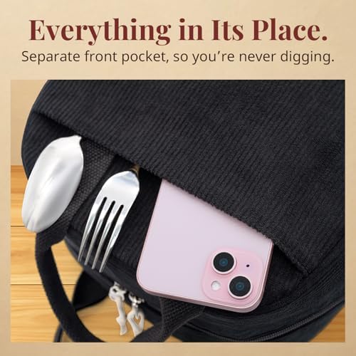 LOVELYWIND Lunch Box for Women, Black Corduroy Insulated Lunch Bag