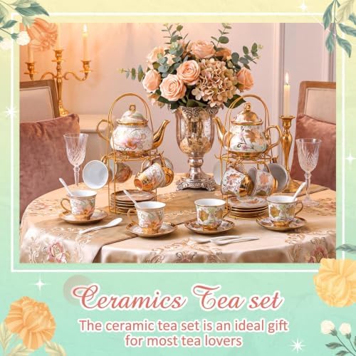 Zhehao 40 Pcs Porcelain Tea Set for Adult, with Metal Holder, Vibrant