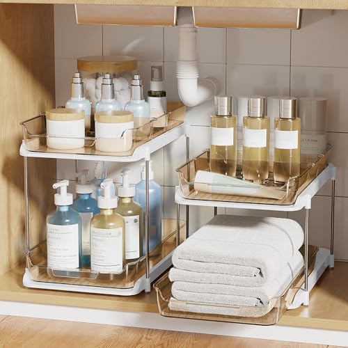 Delamu 2-Tier Multi-Purpose Bathroom Under Sink Organizers and Storage, Stackable Kitchen Pantry Organization, Pull Out Medicine Cabinet Organizer with Movable Dividers, Amber, 2 Pack