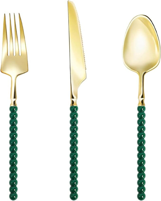 150 Pcs Gold Plastic Silverware,Gold Plastic Utensils with Green Beads Handle,Fancy Disposable Cutlery Set Include 50 Forks 50 Knives 50 Spoons for Party & Christmas