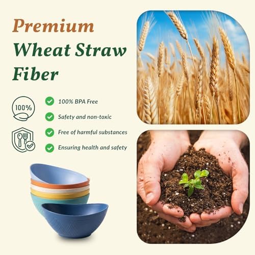 Homienly Wheat Straw Bowls 26 OZ Oval Serving Bowls 6 PCS Unbreakable Plastic Cereal Bowls for Kitchen, Party, Camping, Dorm, RV Bowl Set for Soup, Salad, Snack, Microwave and Dishwasher Safe (Multi)