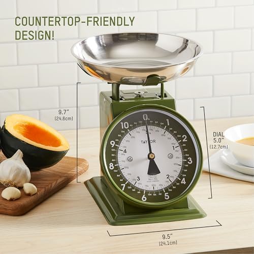 Taylor Analog Kitchen Scale, Stainless Steel Mechanical Food Scale with Removable Bowl, 11 lb Capacity, Large 5-Inch Dial, Battery-Free Design for Baking and Meal Prep, Small (Pack of 2)