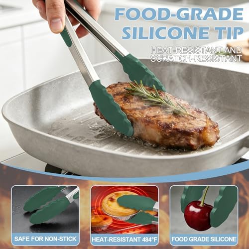 TACGEA Stainless Steel Kitchen Tongs with Silicone Tips, Locking Grilling Food Tongs, 9" and 12", Set of 2 Dark Green