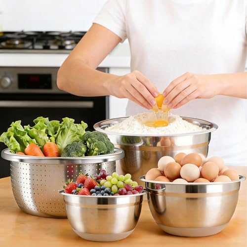 Stainless Steel Mixing Bowls Set with Lids & Silicone Base,7‑Piece Set