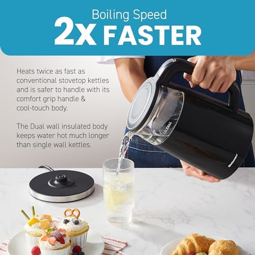 Elite Gourmet 1.7L Dual-Wall Cool-Touch Tea Kettle, Touchscreen, Black