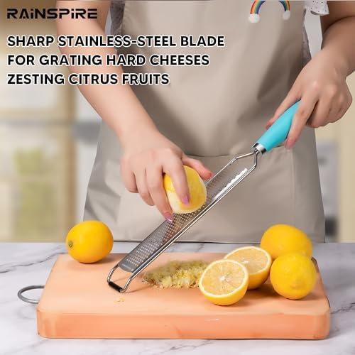 Rainspire Zester Grater with Handle, Lemon Zester Cheese Grater for Kitchen Stainless Steel, Parmesan Cheese Garlic Nutmeg Chocolate Fruits Vegetables Ginger Grater, Fine, Blue