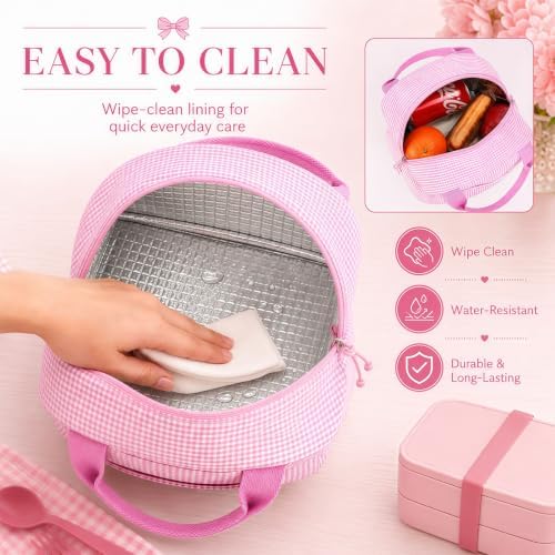 Bluboon Lunch Box for Women Cute Lunch Bag Reusable Insulated Lunch Bags Large Capacity Lunchbox Cooler for Work Picnic or Travel Gifts (Pink White checker, 10 x 7.5 x 8 inches)