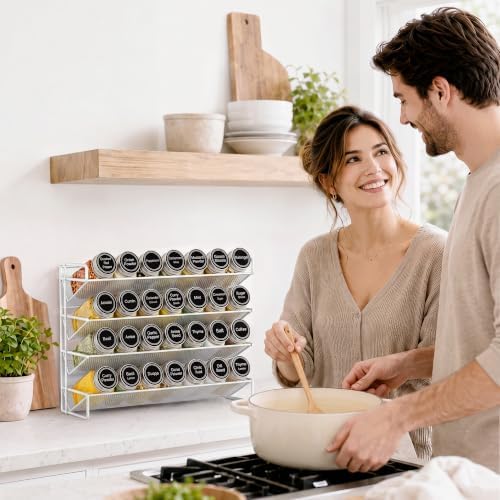UVIAHOMI Spice Rack Organizer for Cabinet with 28 Spice Jars, 386 Spice Labels, Magnetic Spice Rack for Refrigerator, Seasoning Organizer for Countertop, Kitchen, Pantry — 13.2" W x 9.8" H, White