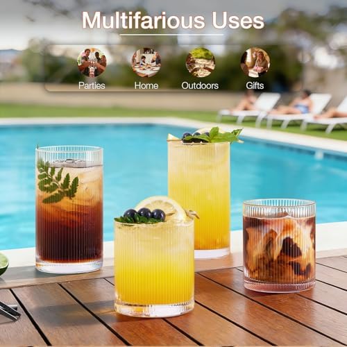 Drinking Water Glass Cups Set,Crystal Clear ribbed Glass set of 8,17oz&12oz