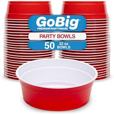 GoBig Red Party Cup Bowls - Large Disposable Plastic Bowls - 22 oz or 60 oz