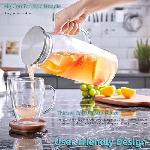 Bivvclaz 2 Pack 2 Liter 68 oz 2.1 Qt Glass Pitcher with Lid and Handle, Water Pitcher for Fridge, Glass Carafe for Hot/Cold Water, Large Iced Tea Pitcher for Coffee, Juice and Homemade Beverage