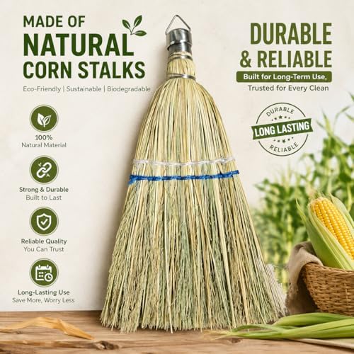 Hand Whisk Broom Corn Straw Broom with Hang Hole for Indoor Outdoor