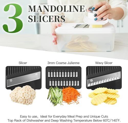 Mandolin Slicer for Kitchen, Hand Safe Vegetable Shredder with 7 Blades
