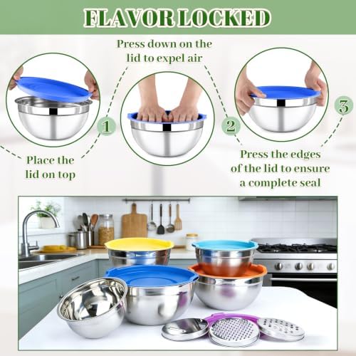 8-Piece Colorful Stainless Steel Mixing Bowl Set with Lids, Includes 5 Nesting Bowls and 3 Grater Attachments for Mixing and Serving, 1.5/2.1/3.5/4/4.5 QT
