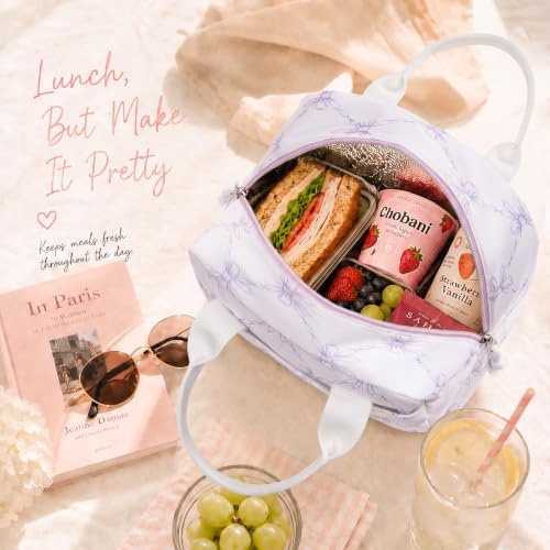 LOVELYWIND Lunch Box for Women, Insulated Lunch Bag, Purple Bow Print Tote